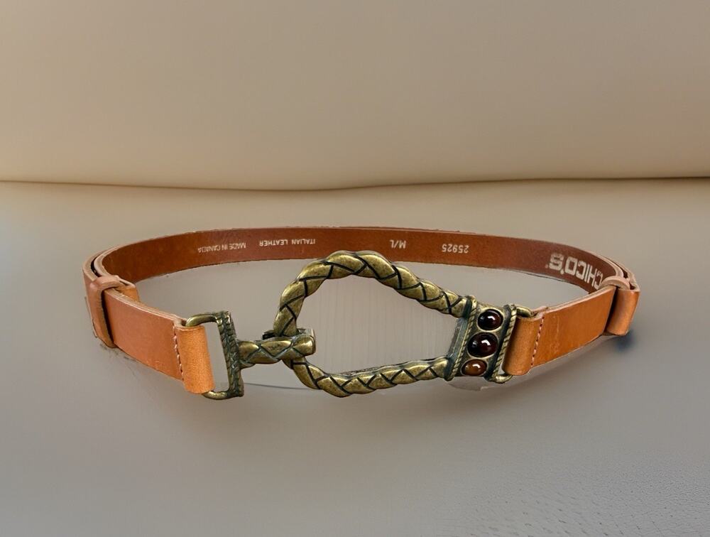 Chico’s Italian Leather Brown Belt M/L Artisan Brass Buckle Boho Made Canada
